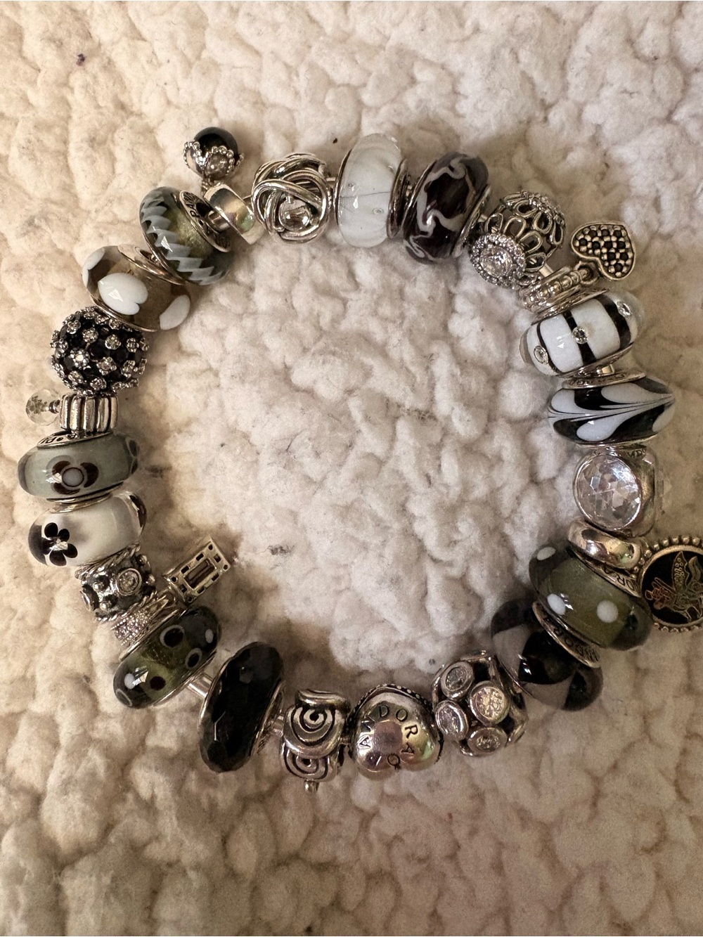Pandora bangle black and white themed pave heart clasp